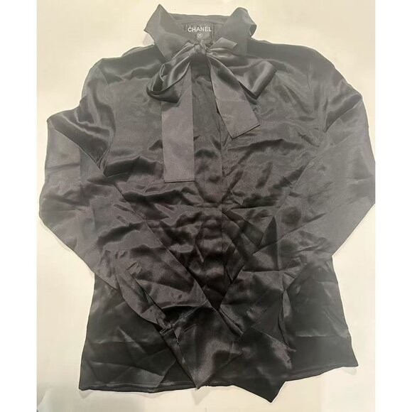 Chanel Womens Black Silk Bow Tie Collar Blouse Size 34 - Picture 1 of 7